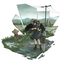 Rule 34 | 1010kman, 1girl, alternate costume, architecture, bag, bandana, black boots, black dress, black hair, black hat, black wings, boots, closed mouth, commentary, commission, day, dress, east asian architecture, english commentary, feathered wings, flat cap, full body, geta, grass, grey sky, gun, hat, hat ornament, high collar, high ponytail, highres, holding, holding gun, holding weapon, house, jizou, lace-up boots, leaf, leaf hat ornament, looking to the side, mailbox (incoming mail), maple leaf, messenger bag, mountainous horizon, multicolored boots, neck ribbon, outdoors, outside border, overcast, pointy ears, pom pom (clothes), ponytail, power lines, profile, puddle, rain, red bandana, red boots, red eyes, red ribbon, reloading, ribbon, rice paddy, shameimaru aya, shattered, short dress, shoulder bag, sky, solo, standing, straw hat, tengu-geta, thatched roof, three-quarter sleeves, touhou, transparent background, two-tone boots, utility pole, weapon, weapon request, wide sleeves, wings