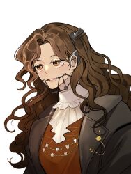 Rule 34 | 1girl, braces, brown coat, brown eyes, brown hair, coat, dress, grin, jewelry, long hair, necklace, red dress, reverse:1999, shirt, smile, solo, the pran, tooth fairy (reverse:1999), tooth necklace, upper body, wavy hair, white background, white shirt