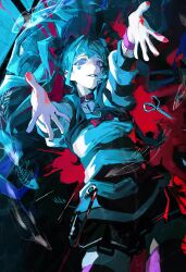 Rule 34 | 1girl, absurdres, amemiya darumi, black shirt, black skirt, blue hair, bow, collar, commentary, cowboy shot, english commentary, facial mark, fish skeleton, hands up, heart, heart facial mark, highres, long hair, looking at viewer, makeup, outstretched arms, outstretched hand, pink eyes, pink thighhighs, pleated skirt, red bow, red collar, runny makeup, safety pin, scissors, shirt, skirt, smile, solo, striped clothes, striped shirt, the hundred line -last defense academy-, thighhighs, twintails, two-tone shirt, voltmeter f, white shirt