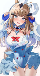 1girl @_@ absurdres almond_eye_(umamusume) animal_ears bare_shoulders black_ribbon blue_dress blue_gloves blue_hair blunt_bangs blush bow braid breast_suppress breasts brown_hair buttons cleavage collarbone colored_inner_hair commentary_request cowboy_shot detached_collar detached_sleeves double-breasted dress ear_ornament fingerless_gloves gloves hair_bow hair_ornament hair_ribbon hairclip hand_up highres horse_ears horse_girl horse_tail large_breasts light_smile long_hair looking_at_viewer multicolored_hair open_mouth red_bow red_button ribbon short_braid side_braid sidelocks simple_background single_braid skirt sleeve_bow solo sparkling_eyes straight_hair tail thick_eyelashes two-tone_hair umamusume vami white_background white_bow white_skirt white_sleeve_cuffs yellow_bow