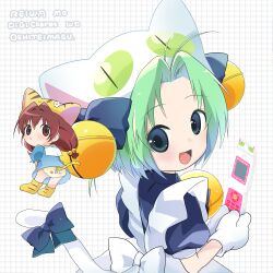 Rule 34 | 2girls, absurdres, animal hat, antenna hair, bell, blue dress, bow, brown hair, cat hat, cat tail, cellphone, character print, curtained hair, dejiko, di gi charat, dress, flip phone, green hair, hair bell, hair ornament, hat, highres, holding, holding phone, mittens, multiple girls, open mouth, panties, phone, print panties, puchiko, puffy short sleeves, puffy sleeves, reiwa no di gi charat, rnornopoo, short hair, short sleeves, tail, tail bow, tail ornament, underwear, usada hikaru, white mittens, x mouth
