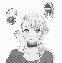 1girl bad_id bad_twitter_id blush braid chibi dungeon_meshi ears_down elf frs2 greyscale hood hood_down marcille_donato monochrome pointy_ears smile sweat