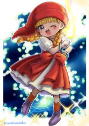 1girl absurdres blonde_hair blunt_bangs blurry blurry_background blush bow bracelet braid commentary dragon_quest dragon_quest_xi dress full_body hand_on_own_hip hat highres index_finger_raised jewelry long_hair looking_at_viewer magic moyapippi one_eye_closed open_mouth puffy_short_sleeves puffy_sleeves purple_eyes purple_shoes red_bow red_dress red_hat red_socks shoes short_sleeves socks solo twin_braids twintails twitter_username veronica_(dq11) white_dress