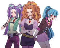 3girls adagio_dazzle adagio_dazzle_(human) aegyo_sal aria_blaze aria_blaze_(human) blue_hair blunt_bangs candy food hand_on_own_hip lollipop multicolored_hair multiple_girls my_little_pony my_little_pony:_equestria_girls my_little_pony:_friendship_is_magic orange_hair pendant_choker ponytail purple_eyes purple_hair red_eyes simple_background sonata_dusk sonata_dusk_(human) streaked_hair two_side_up white_background xieyanbbb