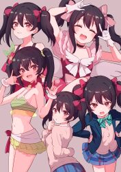 Rule 34 | 1girl, absurdres, bikini, birthday, black hair, blush, breasts, clenched teeth, closed eyes, commentary, cream (nipakupa), earrings, gloves, grey background, hair ribbon, highres, jewelry, long hair, looking at viewer, love live!, love live! school idol project, multiple views, nico nico nii, otonokizaka school uniform, red eyes, ribbon, school uniform, small breasts, swimsuit, teeth, twintails, upper body, white gloves, yazawa nico