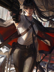 Rule 34 | 1girl, belt, belt buckle, black belt, black hair, black jacket, black necktie, black pants, breasts, buckle, closed mouth, collared shirt, commentary, day, floating hair, gun, guweiz, handgun, highres, holding, holding gun, holding sword, holding weapon, holster, indoors, jacket, jacket on shoulders, long hair, necktie, original, pants, ponytail, revolver, shirt, small breasts, solo, sword, symbol-only commentary, weapon, white shirt, window