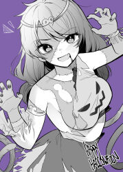 Rule 34 | 1girl, adapted costume, blood, blood from mouth, breasts, circlet, claw pose, commentary request, dress, fang, greyscale with colored background, halloween, halloween costume, happy halloween, highres, long hair, looking at viewer, low twintails, meimei (meimei89008309), monkey girl, monkey tail, open mouth, patchwork skin, purple background, single-shoulder dress, skin fang, smile, solo, son biten, tail, touhou, twintails
