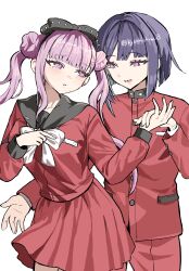 1boy 1girl black_bow black_hairband black_sailor_collar blush bow bowtie brother_and_sister commentary_request double_bun eyelashes hair_bow hair_bun hairband highres holding_hands jacket long_sleeves natase open_mouth pants pink_eyes pink_hair pleated_skirt purple_hair red_jacket red_pants red_serafuku red_shirt red_skirt sailor_collar school_uniform serafuku shirt short_hair siblings simple_background single_sidelock skirt smile the_hundred_line_-last_defense_academy- tsukumo_ima tsukumo_kako tsurime twins twintails twitter_username white_background white_bow white_bowtie