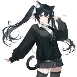 1girl :3 animal_ear_fluff animal_ears bell black_choker black_hair black_jacket black_skirt black_tail black_thighhighs breasts cat_ears cat_girl choker closed_mouth collared_shirt commentary commission cowboy_shot fingernails grey_nails hair_intakes hair_ornament hair_ribbon hand_up highres jacket jewelry jingle_bell karyln large_breasts light_blush long_hair looking_at_viewer medium_breasts miniskirt one_eye_closed original pleated_skirt red_eyes ribbon ring shirt simple_background skirt sleeves_past_wrists solo star_(symbol) tail tail_bell tail_ornament thighhighs twintails v white_background white_ribbon white_shirt wing_collar x_hair_ornament zettai_ryouiki