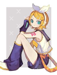 Rule 34 | 1girl, aqua eyes, black leg warmers, black shorts, blonde hair, closed mouth, from side, hair ornament, hairband, hairclip, kagamine rin, knees up, leg warmers, looking at viewer, looking to the side, neckerchief, s1ho (ukiy0u0), shirt, short hair, short shorts, shorts, sitting, sleeveless, sleeveless shirt, solo, vocaloid, white hairband, white shirt, yellow neckerchief
