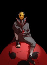 Rule 34 | 1boy, akatsuki (naruto), akatsuki uniform, black gloves, black hair, dekkai-tokyo, gloves, high collar, highres, male focus, mask, masked madara, naruto (series), naruto shippuuden, on one knee, pants, sandals, solo, tobi (naruto), uchiha obito