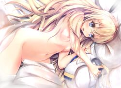 1girl bed_sheet blonde_hair blue_eyes blush breasts commentary_request gc3 goblin_slayer! hair_spread_out half-closed_eyes long_hair lying navel nude on_side open_mouth priestess_(goblin_slayer!) small_breasts solo uncensored very_long_hair