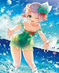 1girl ;d ahoge aisha_(sennen_sensou_aigis) aqua_bow aqua_eyes aqua_one-piece_swimsuit bad_proportions bare_shoulders blue_sky bow breasts cloud collarbone covered_navel day feather_hair_ornament feathers female_focus hair_bow hair_ornament leaning_forward looking_at_viewer ocean one-piece_swimsuit one_eye_closed open_mouth outdoors red_bow sennen_sensou_aigis sky small_breasts smile solo splashing standing swimsuit yuasa_akira
