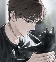 1boy adam&#039;s_apple animal black_cat black_shirt brown_hair cat character_request closed_mouth collarbone commentary_request copyright_request crew_neck fingernails grey_eyes highres holding holding_animal holding_cat korean_commentary looking_at_animal male_focus parted_hair paw_up scar scar_on_neck shirt short_hair smile solo t-shirt upper_body zco111
