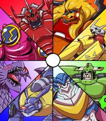 absurdres amphimon android apollomon armor blitzgreymon digimon digimon_(creature) diving_suit dragon full_armor gynoid highres huanglongmon huanglongmon_ruin_mode mecha_girl metalgarurumon red_eyes robot robot_girl saintgalgomon sharp_teeth teeth ulforcev-dramon wargreymon wold