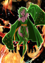 1girl absurdres aged_up blue_eyes breasts cape cleavage detached_sleeves final_fantasy final_fantasy_iv full_body green_eyes green_hair hair_ornament highres jewelry large_breasts long_hair looking_at_viewer magic open_mouth rydia_(ff4) solo summoning thighhighs toku_sonchou