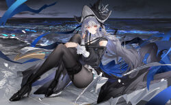 1girl absurdres amigasa arknights beach black_dress black_hat black_pantyhose black_shoes closed_mouth clothing_cutout collar collared_dress commentary criss-cross_straps detached_sleeves dress flantia frilled_skirt frills grey_hair hair_between_eyes hat high_heels highres long_hair long_skirt long_sleeves looking_at_viewer pantyhose puffy_long_sleeves puffy_sleeves red_eyes sand shoes shoulder_cutout shoulder_strap sitting skirt solo specter_(arknights) specter_the_unchained_(arknights) thigh_cutout thigh_strap two-sided_fabric two-sided_headwear two-tone_dress very_long_hair water white_collar