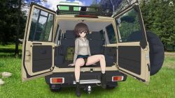 1girl absurdres acrux akiyama_yukari ankle_boots artist_logo backpack bag black_boots blue_skirt blue_sky boots brown_eyes brown_hair camouflage camouflage_panties car casual closed_mouth cloud cloudy_sky commentary crotch_seam dated day drawstring english_commentary forest girls_und_panzer grass green_panties grey_hoodie grey_skirt highres hood hood_down hoodie legs logo messy_hair miniskirt motor_vehicle nasa_logo nature nissan nissan_safari outdoors panties pantyshot photo_background short_hair sitting skirt sky smile solo spare_tire sports_utility_vehicle spread_legs thighs underwear unused_tire