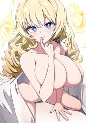 1girl areola_slip blonde_hair blue_eyes blush breasts collarbone crown_(naked_king)_(nikke) crown_(nikke) disembodied_hand drill_hair goddess_of_victory:_nikke highres large_breasts long_hair looking_at_viewer naked_robe navel official_alternate_costume open_clothes open_mouth open_robe robe shirt smile solo sparkle_hair_ornament white_robe yoonsun