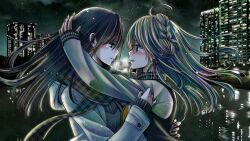 Rule 34 | 2girls, aihara mei, aihara yuzu, black hair, blonde hair, blush, breasts, citrus (saburouta), ear blush, earrings, green eyes, highres, jewelry, long hair, medium breasts, multiple girls, open mouth, purple eyes, saburouta, shirt, siblings, sisters, step-siblings, sweater, wife and wife, yuri