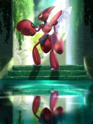 bug claws colored_skin from_side full_body gen_2_pokemon highres insect_wings nintendo pokemon pokemon_(creature) profile red_skin redamber334 reflection reflective_water scizor solo standing wings yellow_eyes