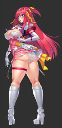 144_(riesztan) 1girl ass black_background blue_eyes blush boots breasts choukou_(alicesoft) choukou_tenshi_escalayer cleavage dress elbow_gloves escalayer from_behind full_body gloves grey_background hair_intakes hair_ornament hair_ribbon high_heel_boots high_heels highres knee_boots kneepits kouenji_sayuka large_breasts long_hair looking_at_viewer looking_back magical_girl open_mouth panties pantyshot pink_dress pink_hair platform_heels pleated_skirt puffy_sleeves red_hair ribbon shiny_skin short_dress short_sleeves simple_background skindentation skirt solo standing thick_thighs thigh_strap thighs twisted_torso underwear white_gloves white_panties yellow_ribbon