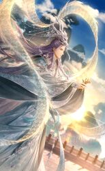 Rule 34 | 1boy, artist request, blazing sky (shining nikki), blue hanfu, blue sky, chinese clothes, closed mouth, cloud, dragon hat, dragon print, emperor chengyun, expressionless, eyelashes, facial mark, feet out of frame, fingerless gloves, floating hair, forehead mark, from side, game cg, gloves, gradient sky, hagoromo, hanfu, hat, highres, light particles, lips, long hair, long sleeves, looking ahead, male focus, mountain, nikki (series), official art, on roof, outdoors, pointy nose, purple eyes, purple hair, railing, shawl, shining nikki, sky, solo, standing, sun, sunrise, very long hair, white gloves, white hat, wide sleeves