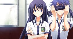 1boy 1girl :o aoi_sena blurry blurry_background breast_pocket buttons chaos;head chaos;head_love_chu_chu! clenched_teeth collarbone collared_shirt crossed_arms drooling facing_viewer fingernails game_cg hair_lift hair_over_eyes highres holding_another&#039;s_hair indoors long_hair long_sidelocks looking_at_another loose_necktie matsuo_yukihiro messy_hair molestation mouth_drool necktie nishijou_takumi non-web_source official_art open_collar open_mouth pervert pink_lips plaid_clothes plaid_necktie plaid_sleeves pocket purple_eyes purple_hair purple_necktie purple_sleeves saliva school_emblem school_uniform shiny_eyes shirt short_hair short_sleeves sidelocks sitting smelling smelling_hair streetcar suimei_academy suimei_school_uniform suimei_summer_uniform surprised talking teeth white_shirt window