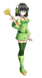 1girl black_hair blunt_bangs boots breasts closed_mouth commentary_request dairi detached_sleeves full_body furrowed_brow green_boots green_eyes green_skirt green_thighhighs headphones headset high_heel_boots high_heels highres holding knee_boots kyoumachi_seika large_variant_set looking_at_viewer microphone necktie red_necktie shaded_face short_hair skirt solo standing tachi-e thighhighs transparent_background variant_set voiceroid wand wing_collar zettai_ryouiki