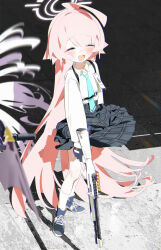 Rule 34 | 2girls, absurdres, ahoge, aqua necktie, beretta 1301, black gloves, black skirt, blue archive, blue footwear, blush, bm tol, closed eyes, collared shirt, facing viewer, fang, fingerless gloves, gloves, gun, hair between eyes, halo, highres, hina (blue archive), holding, holding gun, holding weapon, hoshino (blue archive), long hair, long sleeves, miniskirt, multiple girls, necktie, open mouth, out of frame, pink hair, pink halo, plaid clothes, plaid skirt, shirt, shirt tucked in, shoes, skirt, smile, sneakers, socks, solo focus, standing, very long hair, weapon, white shirt, white socks