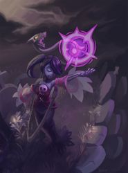 1girl 2018 arm_up blue_hair blue_skin candle closed_eyes cloud cloudy_sky colored_skin dress fire from_above grave graveyard hair_over_one_eye highres leviathan_(skullgirls) musical_note side_ponytail skeletal_arm skullgirls sky solo squigly_(skullgirls) stitched_mouth stitches striped_sleeves tombstone undead zombie