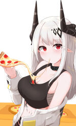 1girl absurdres arknights bare_shoulders black_horns black_sports_bra breasts commentary_request eating food from_side highres holding holding_food holding_pizza horns large_breasts light_blush long_hair long_sleeves looking_at_viewer looking_to_the_side material_growth mudrock_(arknights) oripathy_lesion_(arknights) pizza pizza_slice pointy_ears red_eyes solo sports_bra upper_body white_hair yeong100
