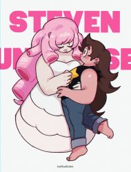1boy 1girl barefoot black_shirt blush_stickers brown_hair copyright_name couple dress earrings closed_eyes greg_universe hetero highres jewelry ka_ji lips long_hair off-shoulder_dress off_shoulder pants pink_hair rose_quartz_universe shirt sleeveless sleeveless_shirt star_(symbol) steven_universe white_dress