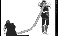 Rule 34 | 2boys, achilles (fate), armor, boots, facing away, fate/grand order, fate (series), greyscale, hair ribbon, hector (fate), highres, knees to chest, male focus, mogula71, monochrome, multiple boys, ponytail, ribbon, sash, simple background, sitting, standing, translation request, twitter username, white background