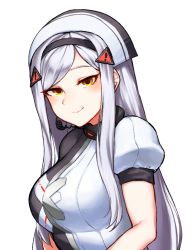 1girl asymmetrical_bangs black_lilith black_lilith_(last_origin) breasts ckhd earpiece female_focus hairband hat last_origin long_hair looking_at_viewer puffy_short_sleeves puffy_sleeves short_sleeves silver_hair simple_background smile solo swept_bangs white_background yellow_eyes