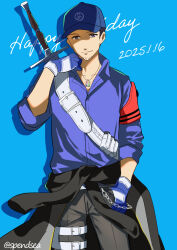 1boy armband baseball_cap birthday black_jacket black_pants blue_background blue_shirt closed_mouth clothes_around_waist collared_shirt commentary_request cowboy_shot dated hand_in_pocket happy_birthday hat highres holster iori_junpei jacket jacket_around_waist jewelry looking_at_viewer male_focus necklace pants persona persona_3 persona_3_reload red_armband shirt sleeves_rolled_up smile solo spendsea straight-on sword sword_on_back thigh_holster twitter_username weapon weapon_on_back