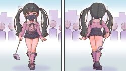 1girl ass black_hair black_mask black_skirt cellphone cleft_of_venus crowd exhibitionism female_focus from_behind holding loli long_hair long_sleeves mask miniskirt mouth_mask multiple_views nanasi0507 no_panties original outdoors paid_reward_available phone public_indecency purple_shirt pussy selfie_stick shirt shirt_tucked_in sidelocks skirt smartphone standing textless_version thighs twintails
