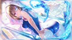 1girl :o alternate_costume ass back blue_fire breasts brown_hair competition_swimsuit eyepatch fire goggles goggles_around_neck heaven_burns_red kayamori_ruka large_breasts looking_back one-piece_swimsuit pink_eyes pool poolside promotional_art swimsuit towel water