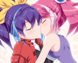 2girls blue_hair blush bow bracelet_girls calcio closed_eyes couple hair_bow highres hiiragi_yuzu incest kiss kiss_focus multicolored_hair multiple_girls pink_hair ponytail serena_(yu-gi-oh!) siblings sisters twins twintails two-tone_hair upper_body yu-gi-oh! yu-gi-oh!_arc-v yuri