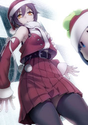 Rule 34 | 2girls, armpits, asakura ryoko, belt, black legwear, breasts, commentary, commentary request, cowboy shot, detached sleeves, earrings, hat, jewelry, kimidori-san, looking at viewer, motion blur, multiple girls, nagato yuki, navel, open mouth, pantyhose, pleated skirt, purple legwear, puyo (puyotopia), red skirt, santa costume, santa hat, short hair, skirt, suzumiya haruhi-chan no yuuutsu, suzumiya haruhi no yuuutsu, tagme, thighhighs, yellow eyes