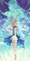 Rule 34 | 2girls, absurdres, arm above head, arm up, bare legs, bare shoulders, black collar, black dress, blonde hair, breasts, cartethyia (wuthering waves), center opening, closed eyes, closed mouth, collar, commentary, dress, dual persona, earrings, fleurdelys (wuthering waves), full body, hand to blade, highres, holding, holding sword, holding weapon, jewelry, legs, momo (2240807), multiple girls, pointy ears, sandals, sideless outfit, sidelocks, small breasts, smile, sword, tabard, tacet mark (wuthering waves), toes, weapon, white tabard, wuthering waves