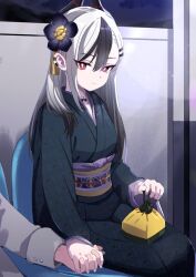 1boy 1girl black_hair black_horns black_kimono blue_archive closed_mouth commentary_request commission demon_horns ear_piercing flower grey_hair hair_flower hair_ornament hairclip holding holding_hands horns interlocked_fingers japanese_clothes kayoko_(blue_archive) kayoko_(dress)_(blue_archive) kimono long_sleeves looking_at_viewer multicolored_hair no_halo obi official_alternate_costume piercing pizzasi red_eyes sash sitting skeb_commission smile solo_focus swept_bangs two-tone_hair