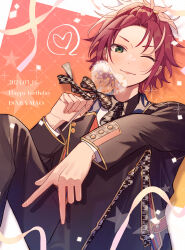 absurdres black_jacket character_name closed_mouth confetti ensemble_stars! green_eyes half_updo happy_birthday heart highres houndstooth isara_mao jacket long_sleeves looking_at_viewer male_focus official_alternate_costume one_eye_closed red_hair solo tongue tongue_out zu_tonatuyasumi