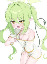 1girl :d alternate_costume blue_archive breasts cleavage demon_tail earrings fang flat_chest green_hair green_halo hair_between_eyes halo highres jewelry loli long_hair looking_at_viewer metaljelly nozomi_(blue_archive) open_mouth shirt simple_background skin_fang smile solo tail twintails white_background white_shirt