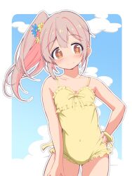 1girl bare_arms bare_legs bare_shoulders blue_sky blush breasts brown_eyes casual_one-piece_swimsuit cloud commentary cowboy_shot female_focus flower frilled_one-piece_swimsuit frills hair_between_eyes hair_flower hair_ornament hand_on_own_hip hand_on_own_thigh highres long_hair looking_at_viewer one-piece_swimsuit onii-chan_wa_oshimai! outline oyama_mahiro pink_hair side_ponytail sky small_breasts smile solo swimsuit unkimo white_outline yellow_one-piece_swimsuit