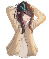 1girl absurdres airtair alternate_costume arknights arms_behind_head arms_up black_hair cardigan casual chinese_commentary closed_mouth commentary_request cropped_torso dragon_girl dragon_horns dusk_(arknights) earrings hair_over_one_eye hair_tie hair_tie_in_mouth hands_in_own_hair highres horns jewelry long_hair long_sleeves mouth_hold one_eye_covered orange_eyes pointy_ears shirt sidelocks simple_background solo toggles tying_hair white_background white_shirt yellow_cardigan