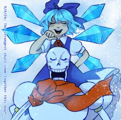 1boy 1girl armor blue_bow blue_dress blue_eyes blue_hair bow breastplate cirno cirno_day closed_eyes collared_shirt crossover dated dress english_text hair_bow heidioph highres ice ice_wings neck_ribbon open_mouth papyrus_(undertale) pinafore_dress pointing pointing_at_self puffy_short_sleeves puffy_sleeves red_ribbon red_scarf ribbon scarf shirt short_hair short_sleeves skeleton sleeveless sleeveless_dress smile snow snowing teeth touhou undead undertale upper_body upper_teeth_only v-shaped_eyebrows white_shirt wings