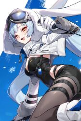 Rule 34 | 1girl, :t, ;p, absurdly long hair, animal, animal ears, animal hood, belt, black belt, black leotard, black pantyhose, black shorts, blue hair, blue sky, blush, breasts, buckle, chest harness, closed mouth, commentary request, day, gloves, goggles, goggles on head, harness, highleg, highleg leotard, highres, holding ski pole, hood, hood up, hooded jacket, id card, jacket, large breasts, leg warmers, lens flare, leotard, long hair, long sleeves, looking at viewer, loose socks, medium breasts, mountainous horizon, multiple expressions, nabezuru, one eye closed, open clothes, open jacket, open mouth, original, outdoors, pantyhose, pout, rabbit, rabbit ear headwear, rabbit ears, rabbit girl, rabbit hood, rabbit tail, scarf, short shorts, shorts, ski boots, ski goggles, ski pole, skiing, skis, sky, smile, snap-fit buckle, snow, snowflakes, socks, tail, thigh belt, thigh strap, tongue, tongue out, very long hair, white gloves, white hood, white jacket, yellow eyes, yellow scarf