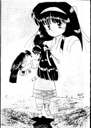 1990s_(style) 1girl ainu_clothes arm_up artist_name ass black_hair dated fingerless_gloves from_behind gloves hair_ribbon highres legs long_hair mamahaha monochrome multiple_views nakoruru open_mouth pants retro_artstyle ribbon samurai_spirits sketch smile snk the_king_of_fighters thighs tongue traditional_media weapon