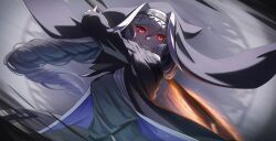 1girl arknights black_dress circular_saw dress grey_hair grin habit hair_between_eyes highres holding holding_weapon kis_sako long_hair looking_at_viewer nun red_eyes saw smile solo specter_(arknights) very_long_hair weapon